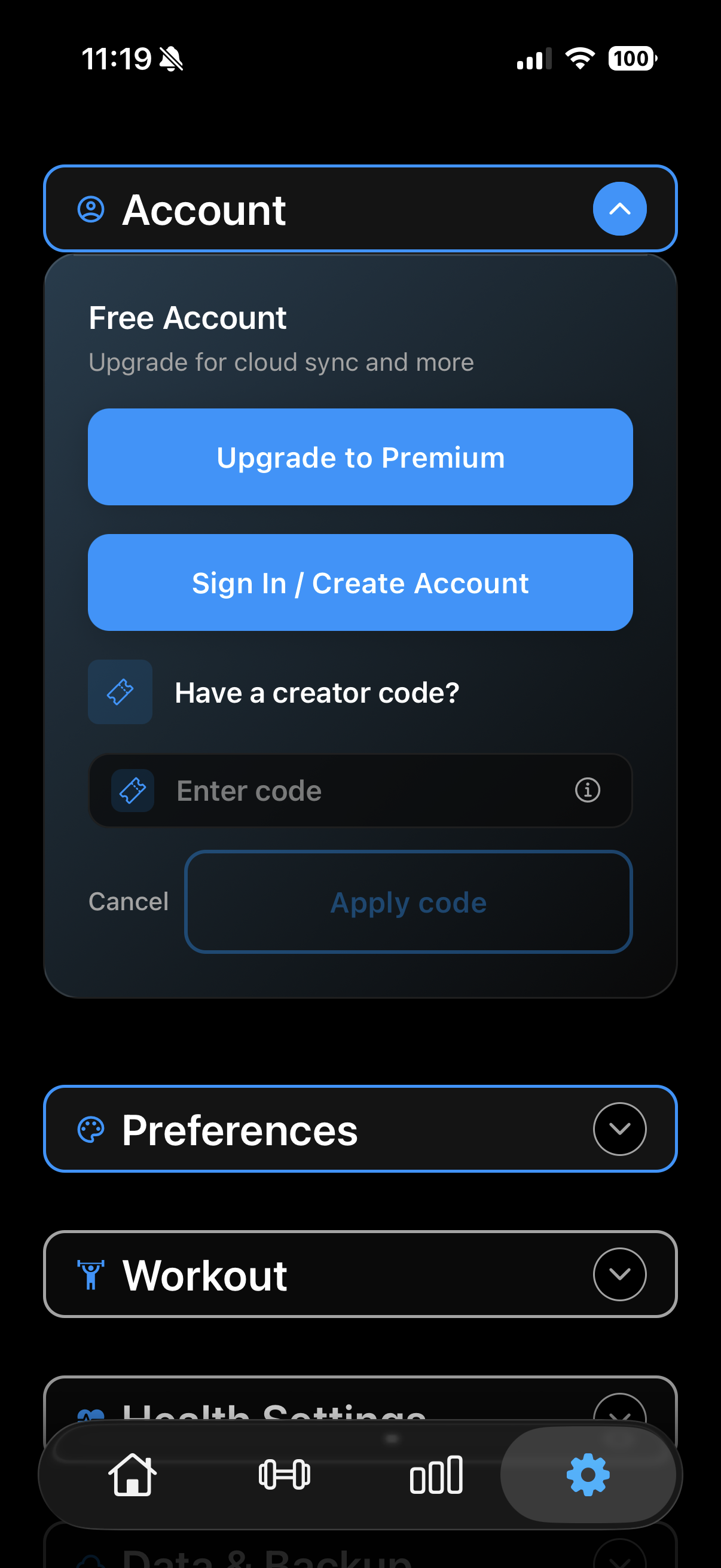 fitzap workout Settings screen with Account expanded and the creator-code entry field visible