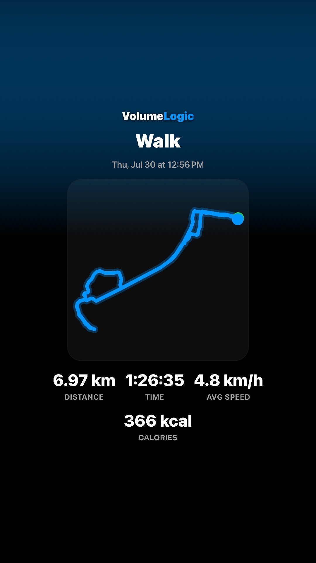Dark fitzap workout walk summary share card with route and activity statistics
