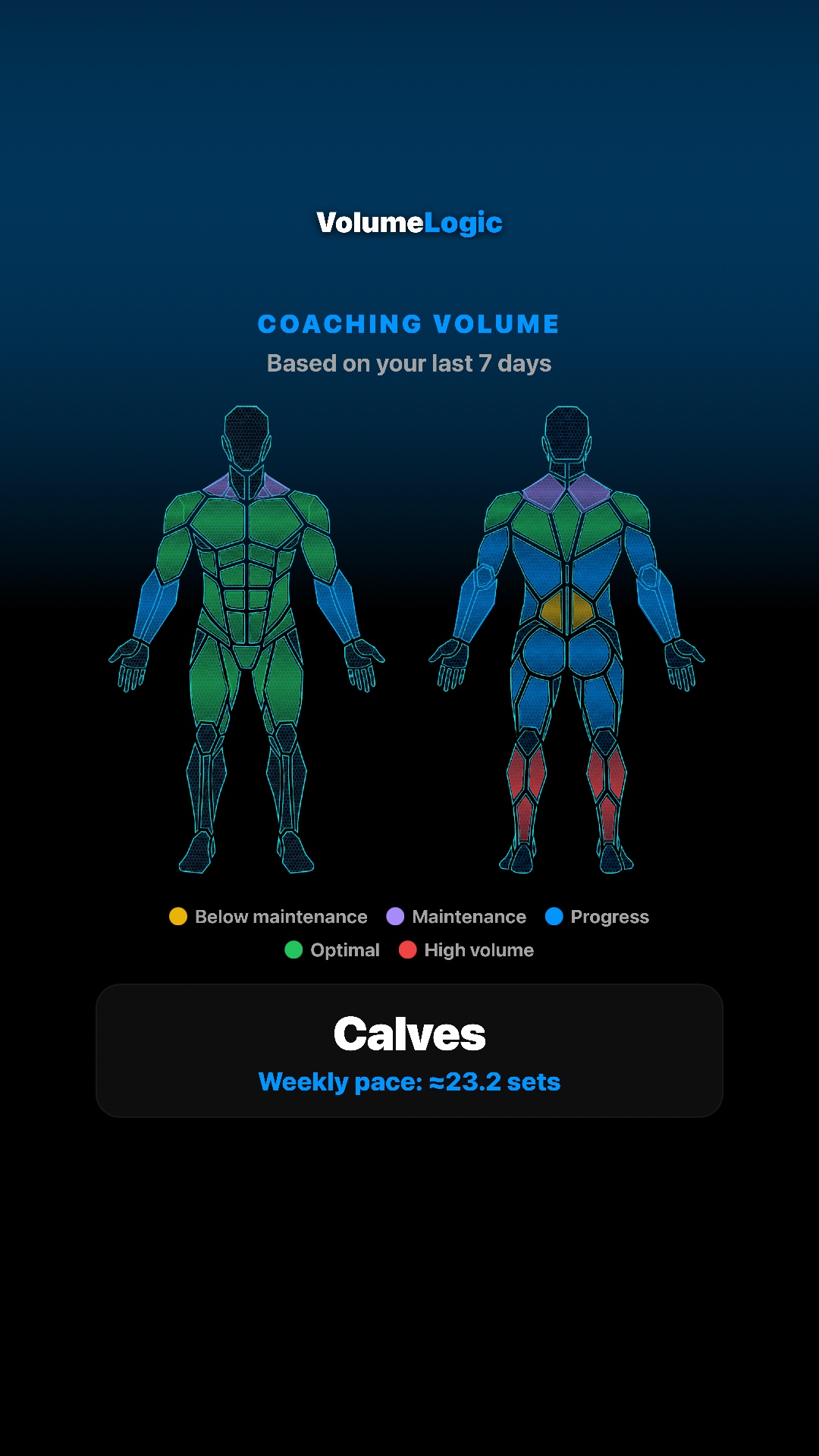 Dark fitzap workout coaching volume share card with muscle maps