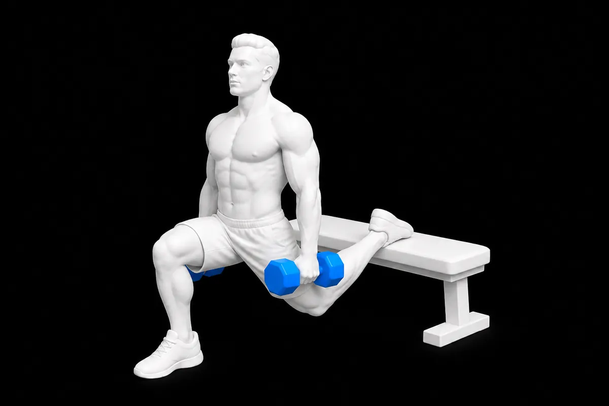 Dumbbell Bulgarian Split Squat exercise illustration showing the movement position