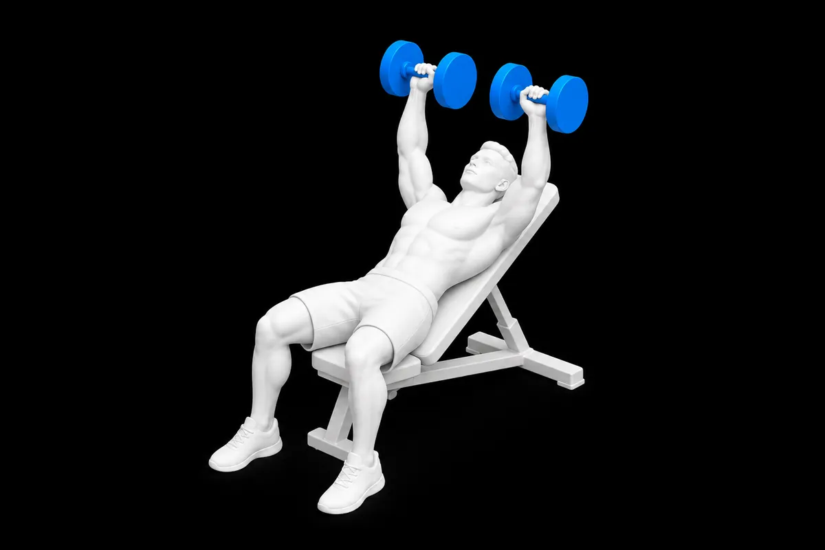 Dumbbell Incline Bench Press exercise illustration showing the movement position