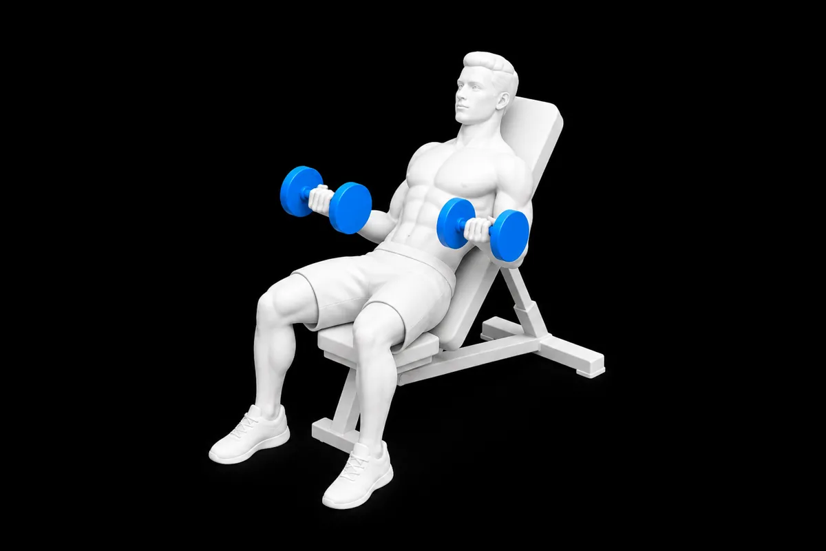 Dumbbell Incline Biceps Curl exercise illustration showing the movement position