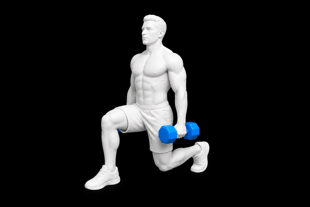 Dumbbell Lunge exercise illustration showing the movement position