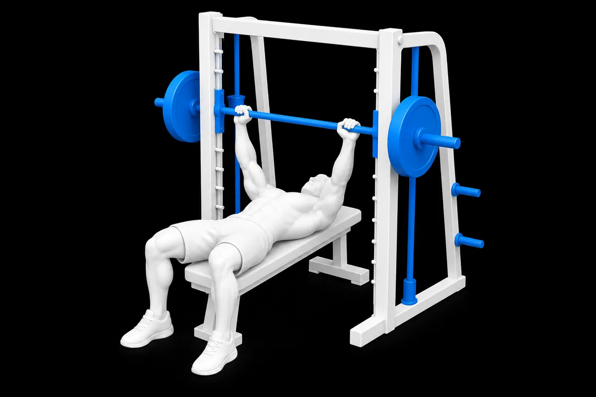 Smith Machine Bench Press exercise illustration showing the movement position