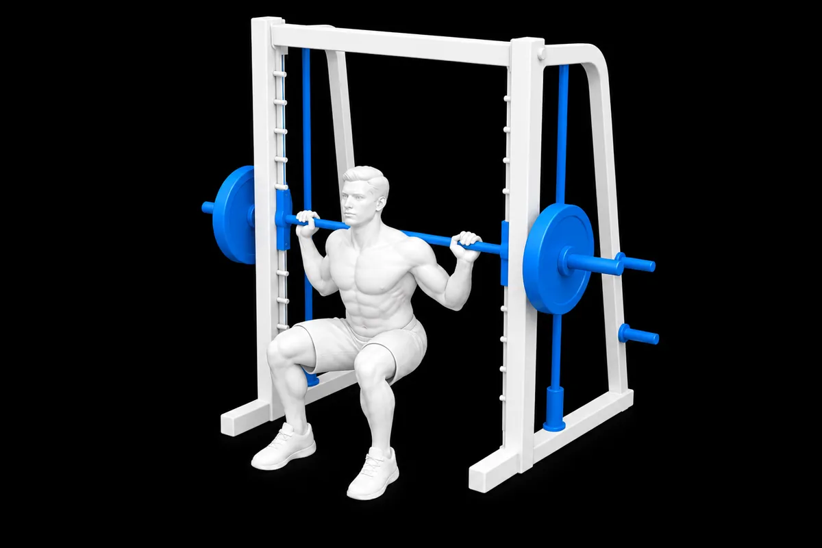 Smith Machine Squat exercise illustration showing the movement position