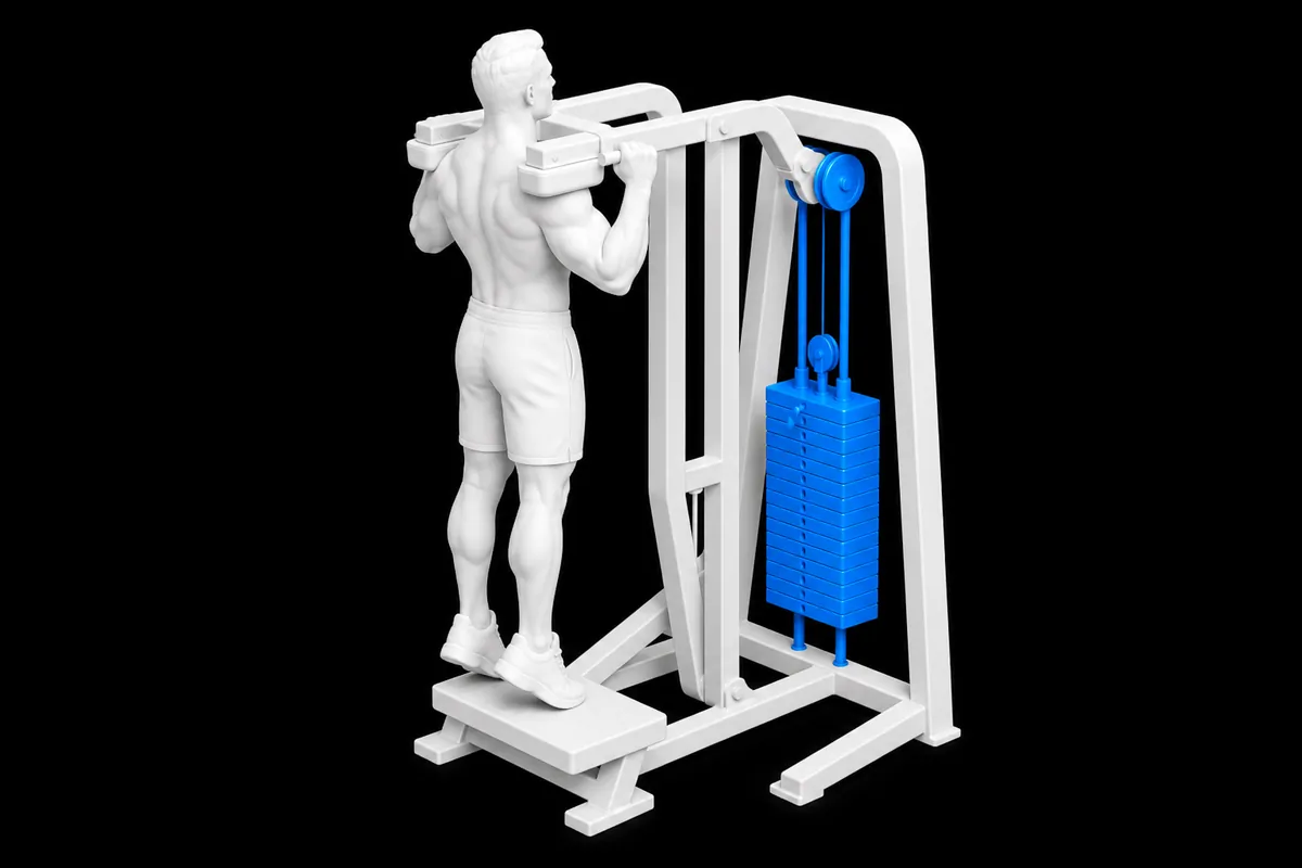 Standing Machine Calf Raise exercise illustration showing the movement position