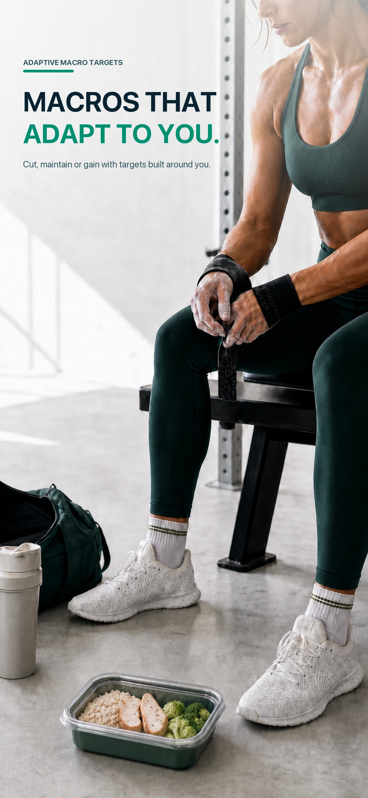 Athlete seated beside a prepared meal, about to log it in fitzap nutrition