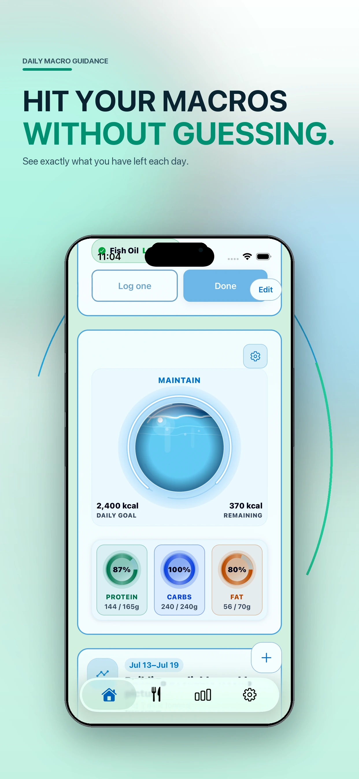 fitzap nutrition daily calorie and macro guidance dial showing a Maintain target