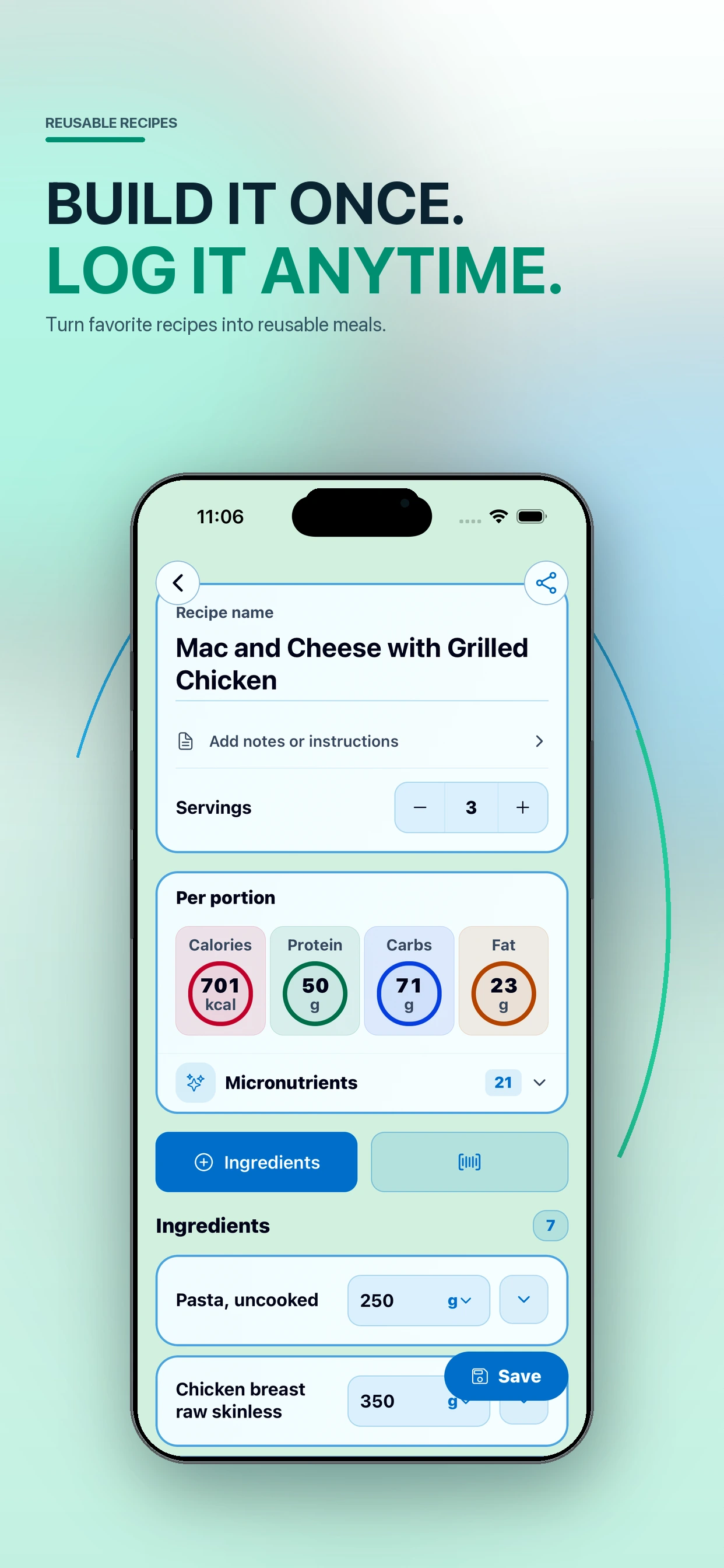 fitzap nutrition recipe builder showing ingredients and nutrition per portion