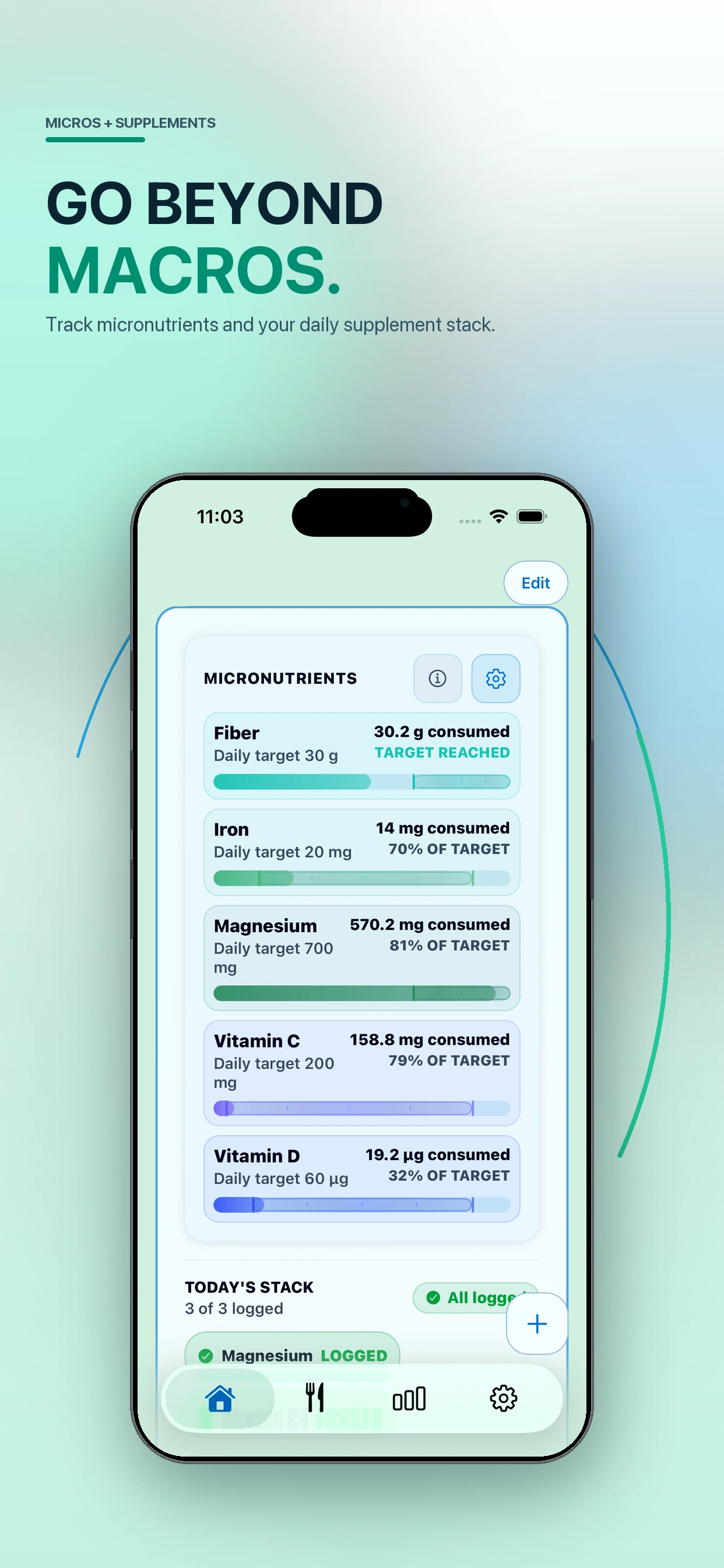 fitzap nutrition micronutrient tracking screen showing fiber, iron, magnesium, and vitamins