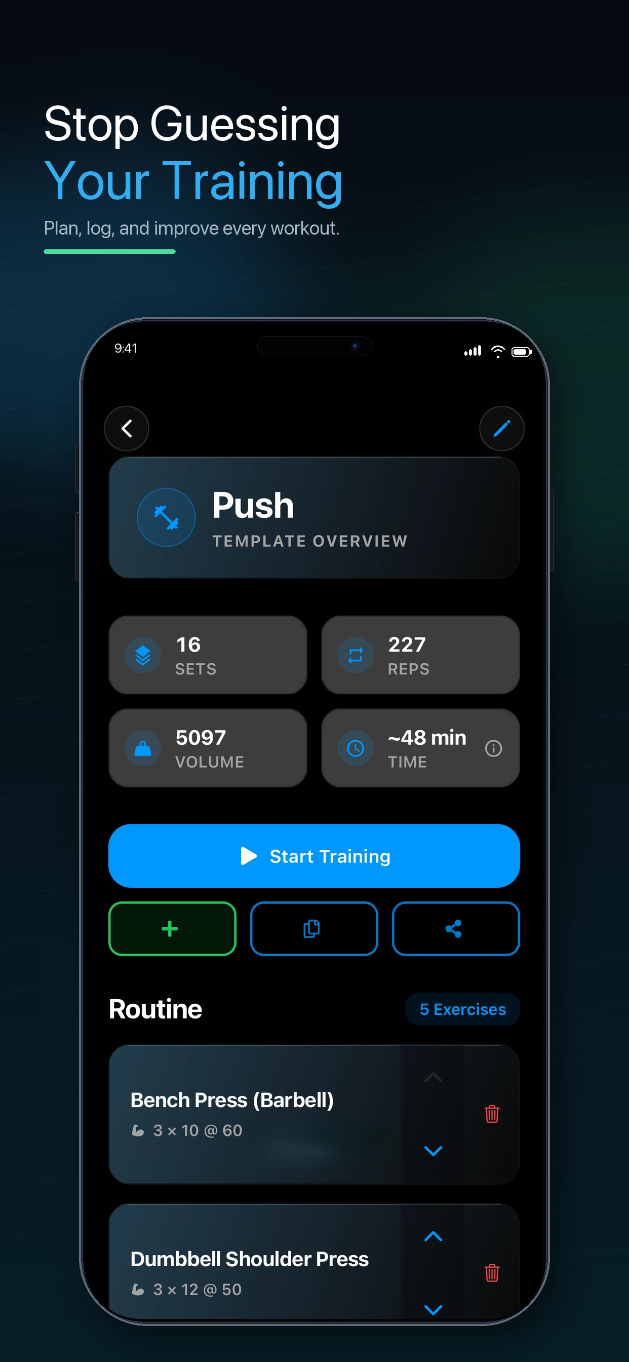 Push workout template overview showing sets, reps, volume, and Start Training